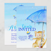 Boy baby shower paraplu grillige kattenuitnodiging kaart (Voorkant / Achterkant)