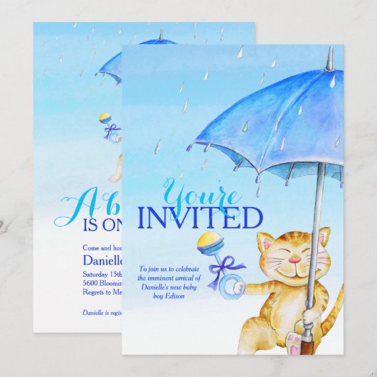 Boy baby shower paraplu grillige kattenuitnodiging kaart (Voorkant / Achterkant)