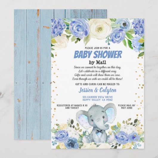 Boy baby shower per post Blauwe olifant roos bloem Kaart (Voorkant / Achterkant)
