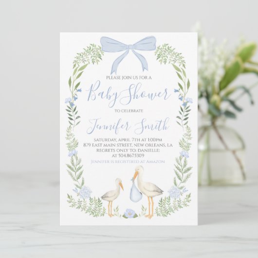 Boy Baby shower Preppy Southern Blue Stork Kaart (Staand voorkant)