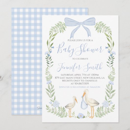 Boy Baby shower Preppy Southern Blue Stork Kaart (Voorkant / Achterkant)