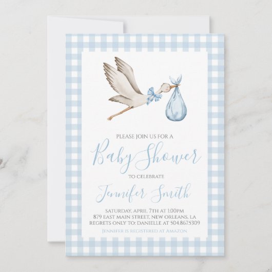 Boy Baby shower Preppy Southern Blue Stork Kaart (Voorkant)