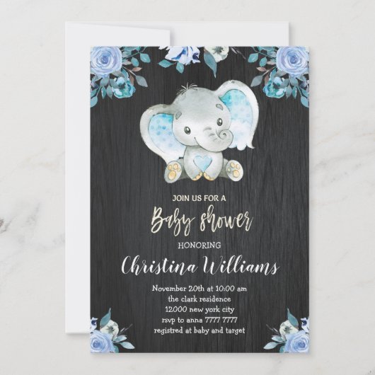 Boy Baby shower Rustic Blue Flowers Elephant Kaart (Voorkant)