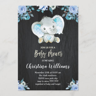 Boy Baby shower Rustic Blue Flowers Elephant Kaart