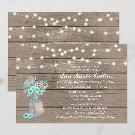 Boy Baby shower Rustic String Lights Baby's Adem Kaart (Voorkant / Achterkant)