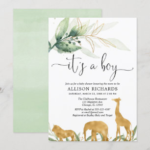 Boy baby shower, safari oerwoud gouddieren kaart