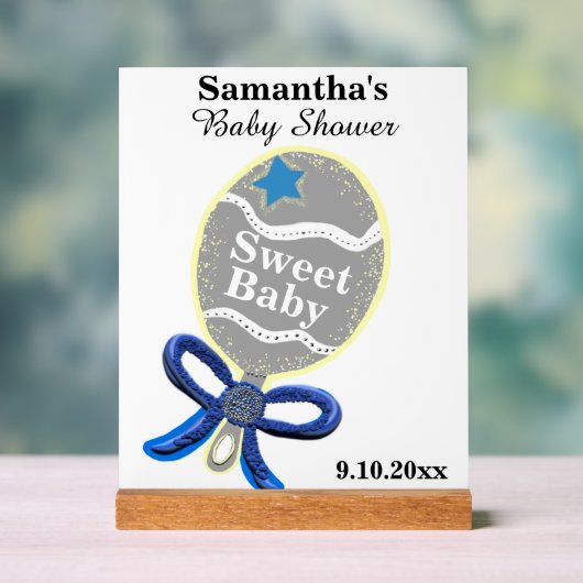 Boy Baby shower Silver Blue Rattle Acryl Bord (Neutraal)