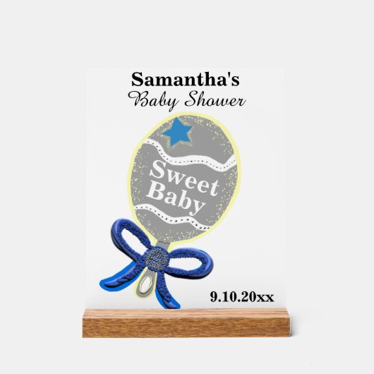 Boy Baby shower Silver Blue Rattle Acryl Bord (Voorkant)