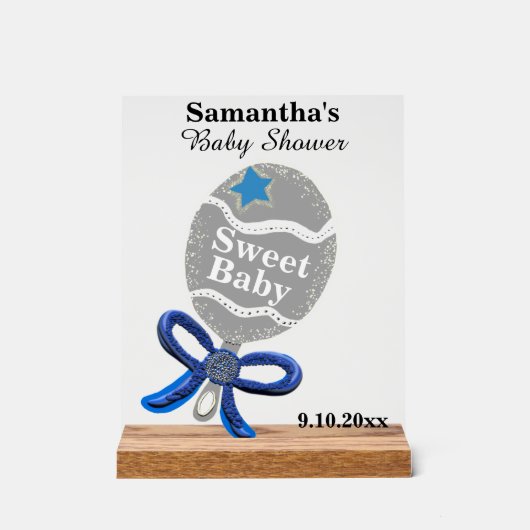 Boy Baby shower Silver Blue Rattle Acryl Bord (Voorkant)