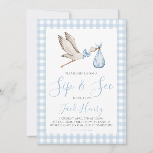 Boy Baby shower Southern Sip & See Blue Stork Kaart (Voorkant)