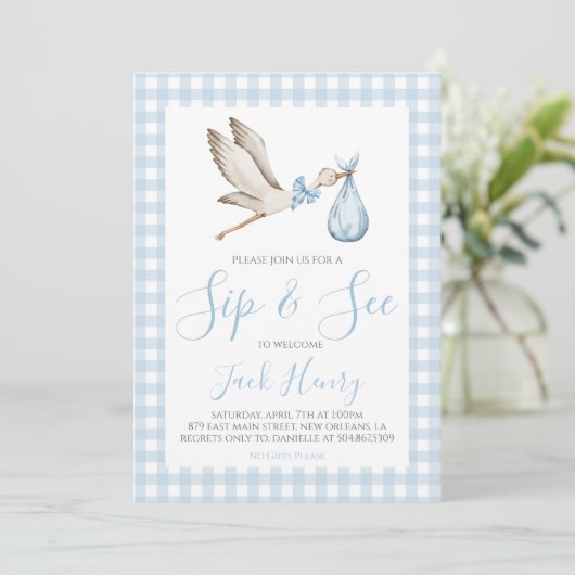 Boy Baby shower Southern Sip & See Blue Stork Kaart (Staand voorkant)