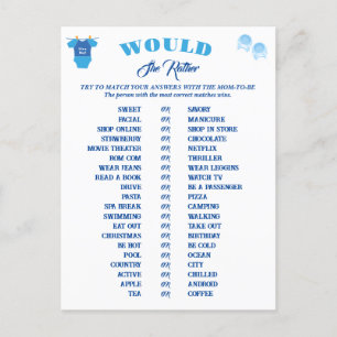 Boy Baby shower Spelletjes Voorspelling en Advies. Briefkaart