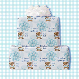 Boy Baby shower Teddy Bear Blue Balloons Naam toev Cadeaupapier