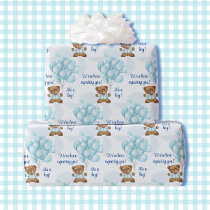 Boy Baby shower Teddy Bear Blue Balloons Naam toev Cadeaupapier