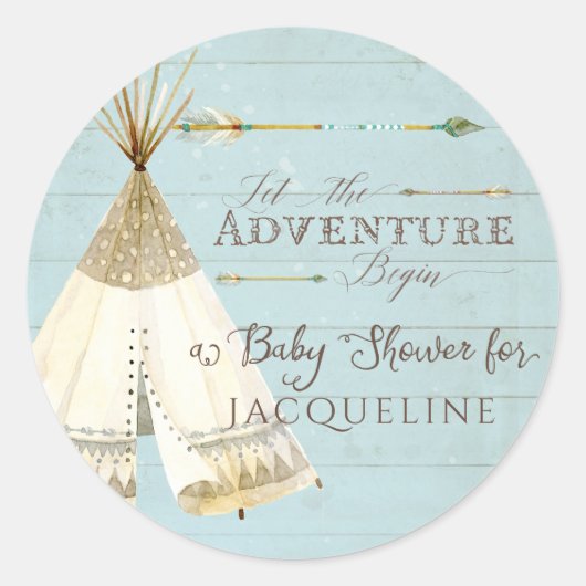 Boy Baby shower Teepee BOHO Bohemian Adventure Ronde Sticker (Voorkant)