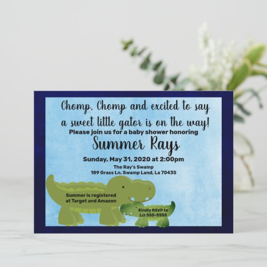 Boy Baby shower uitnodigen, Alligator Baby shower Aankondiging (Staand voorkant)