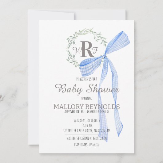 Boy Baby shower Uitnodiging Monogram & Gingham Bow (Voorkant)