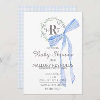 Boy Baby shower Uitnodiging Monogram & Gingham Bow