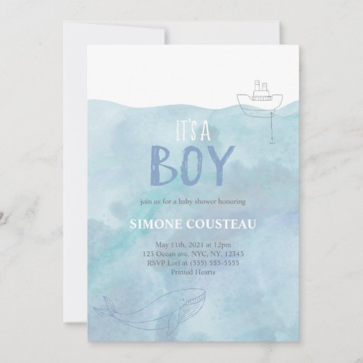 Boy Baby shower Uitnodiging | nautisch | Walvis (Voorkant)