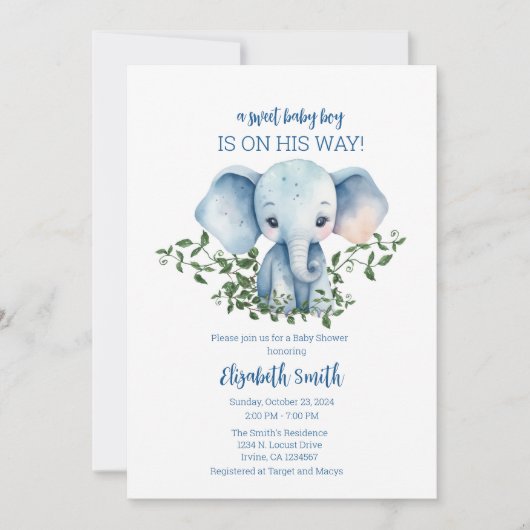 Boy Baby shower Uitnodiging Sjabloon Olifant (Voorkant)