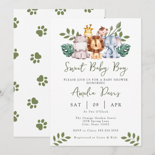 Boy Baby shower Uitnodiging Sjabloon Safari Oerwou (Voorkant / Achterkant)