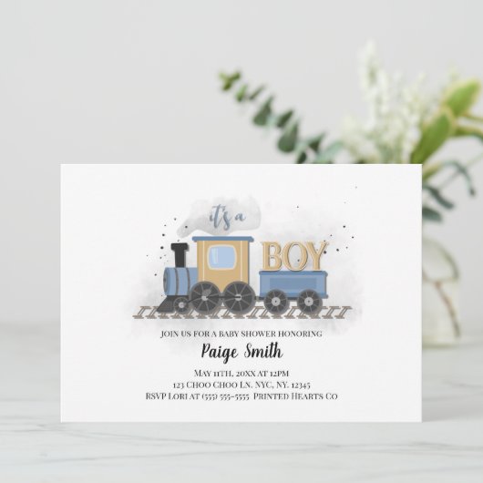 Boy Baby shower Uitnodiging | Trein | Het is een j (Staand voorkant)