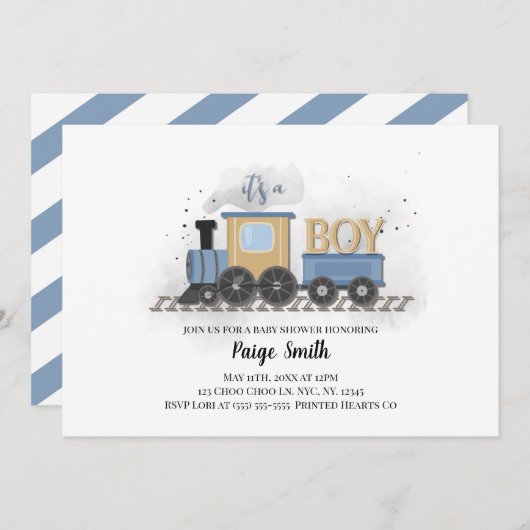 Boy Baby shower Uitnodiging | Trein | Het is een j (Voorkant / Achterkant)