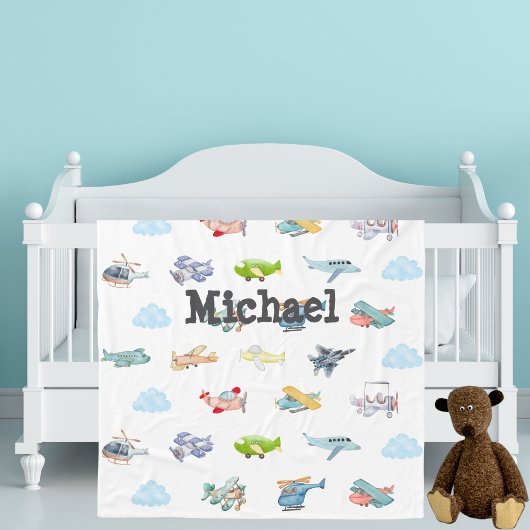 Boy Baby Shower Watercolor Airplanes Clouds Custom Fleece Deken