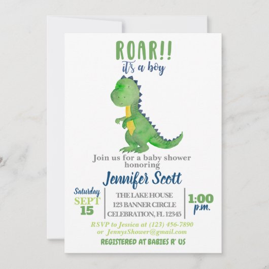 Boy Baby shower Waterverf Dinosaur Uitnodiging (Voorkant)
