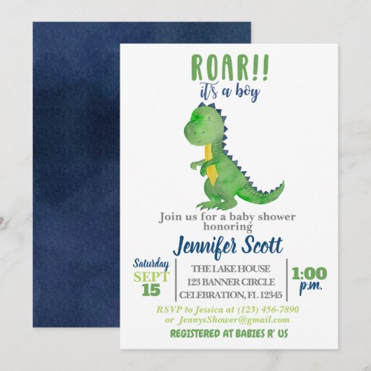Boy Baby shower Waterverf Dinosaur Uitnodiging (Voorkant / Achterkant)