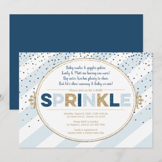 Boy baby sprinkle invitatie marineblauw gouden str kaart (Voorkant / Achterkant)