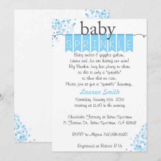 Boy Baby Sprinkle Invitations - Blauwe Baby Sprink Kaart (Voorkant / Achterkant)
