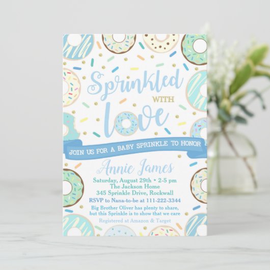 Boy Baby Sprinkle Uitnodiging Donut Baby Sprinkle (Staand voorkant)