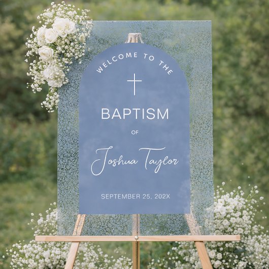 Boy Baptism Blue Arch Floral Pattern Cross Welcome Acryl Bord