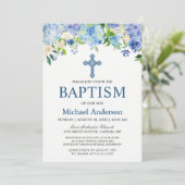Boy Baptism Blue Hydrangea Waterverf Floral Kaart (Staand voorkant)