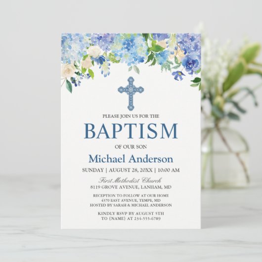 Boy Baptism Blue Hydrangea Waterverf Floral Kaart (Staand voorkant)