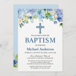 Boy Baptism Blue Hydrangea Waterverf Floral Kaart