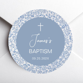 Boy Baptism Blue White Floral Pattern Christening Ronde Sticker