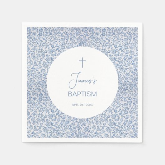 Boy Baptism Blue White Floral Pattern Christening  Servet (Voorkant)