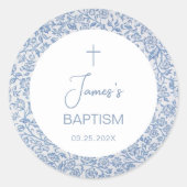 Boy Baptism Blue White Floral Pattern Religious Ronde Sticker (Voorkant)