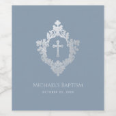 Boy Baptism Crest Dusty Blue Elegant Wijn Etiket (Enkel label)