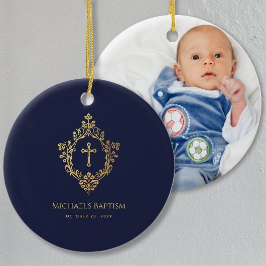 Boy Baptism Crest Navy Blue Elegant Faux Gold Foil Keramisch Ornament