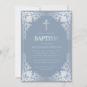 Boy Baptism Dusty Blue Elegant Faux Silver Kaart