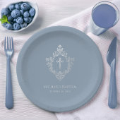 Boy Baptism Dusty Blue Faux Silver Crest  Papieren Bordje