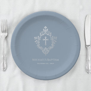 Boy Baptism Dusty Blue Faux Silver Crest  Papieren Bordje