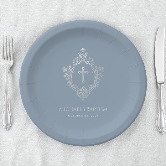 Boy Baptism Dusty Blue Faux Silver Crest  Papieren Bordje
