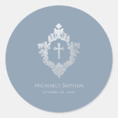 Boy Baptism Dusty Blue Silver Crest Cross Ronde Sticker (Voorkant)