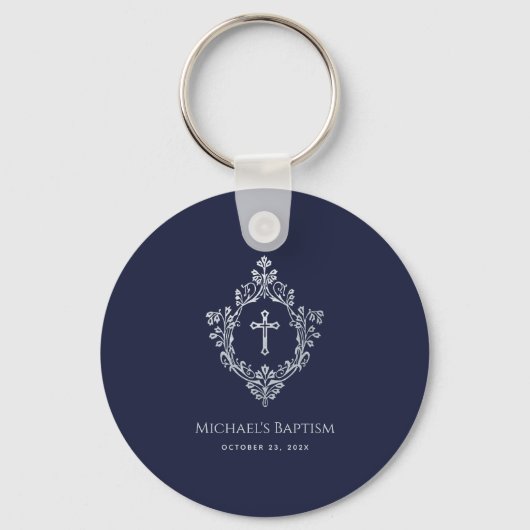 Boy Baptism Favors Navy Blue  Crest Cross Sleutelhanger (Voorkant)