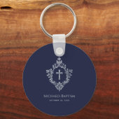 Boy Baptism Favors Navy Blue Crest Cross Sleutelhanger (Voorkant)