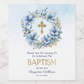 Boy Baptism Gold & Blue Waterverf Bloemen Wijn Etiket (Enkel label)